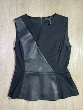 BCBGMAXAZRIA Black Faux Leather Panel Cutout Slit Peplum Top Classic Chic